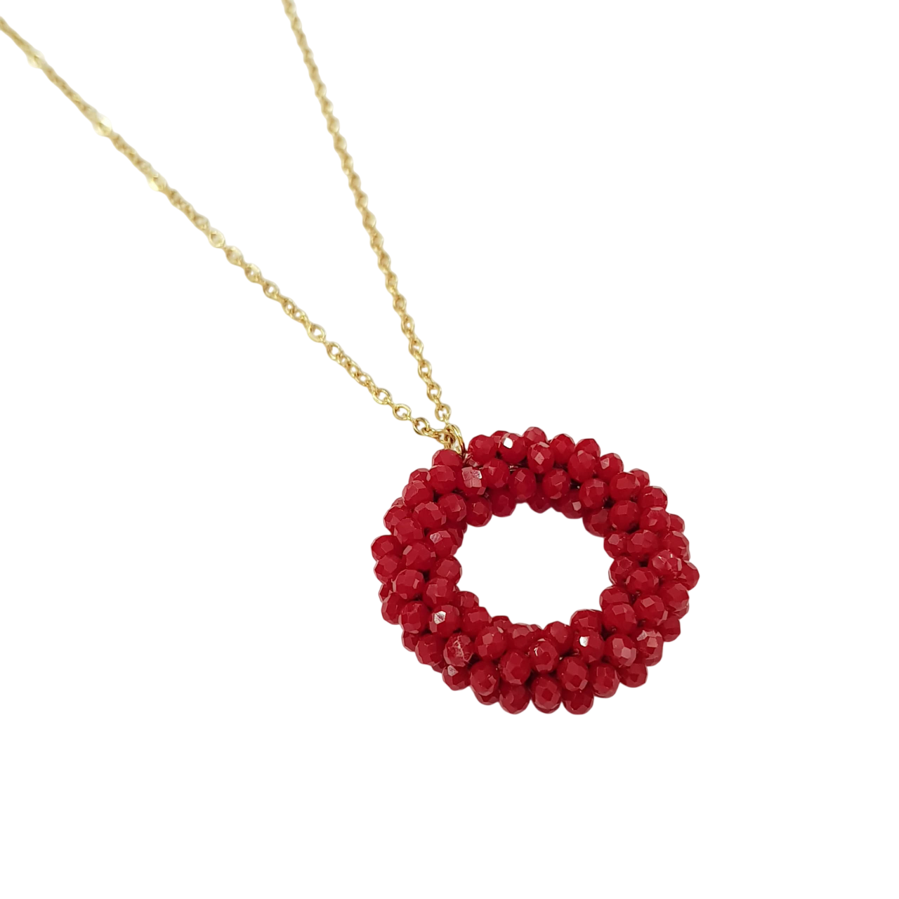 گردنبند استیل طلایی آویز منجوق قرمز اناری ، کد ۱۲۱۲۰۱