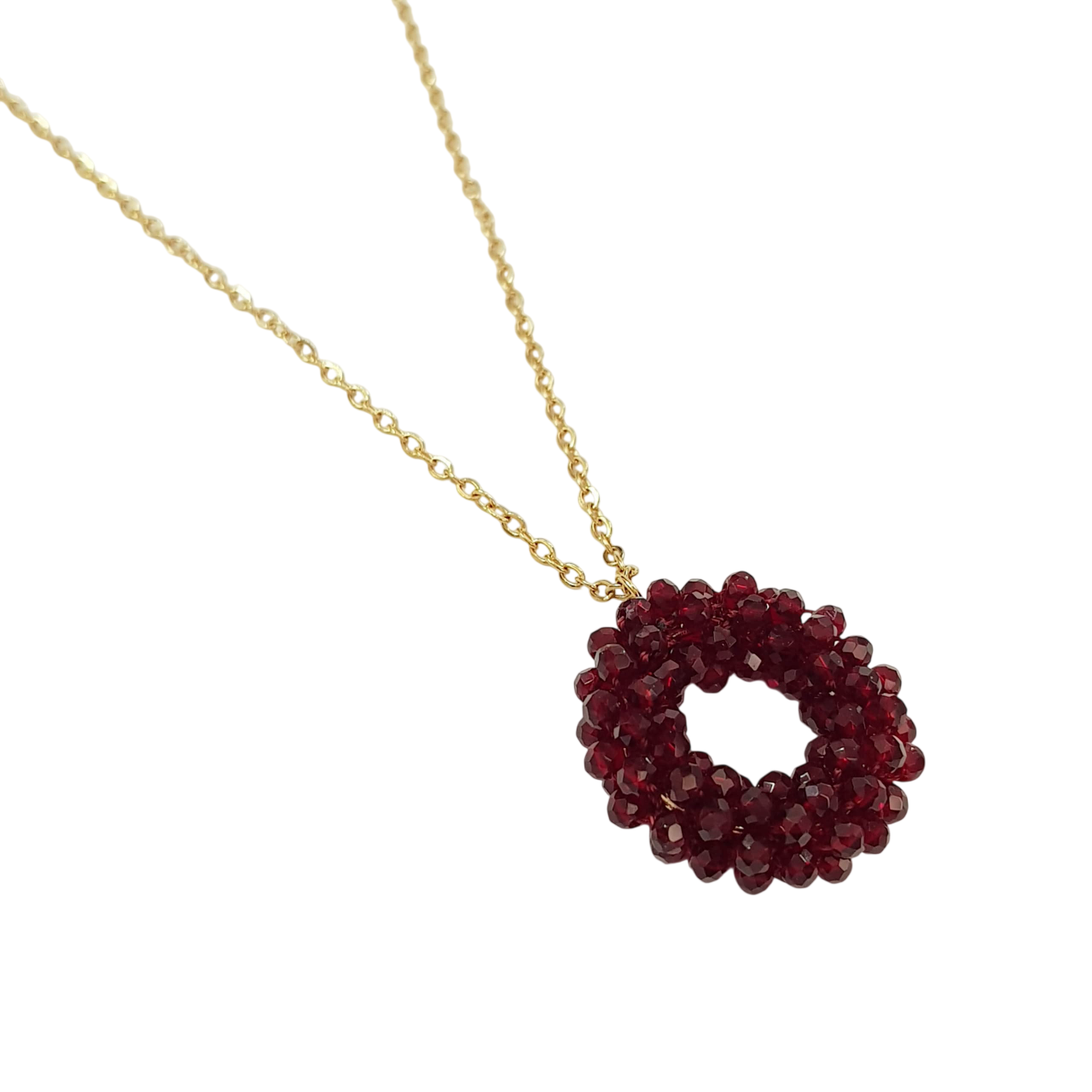 گردنبند استیل طلایی آویز منجوق قرمز زرشکی ، کار ۱۲۱۲۰۲