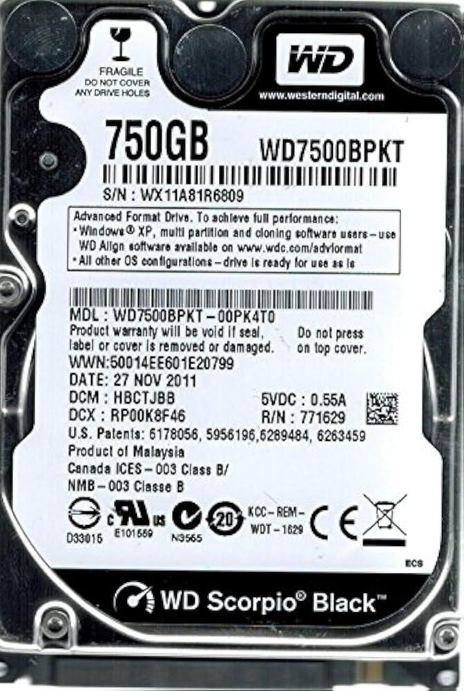 هارد لپ تاپی وسترن دیجیتال بلک ظرفیت 750 گیگ مدل WD7500BPKT